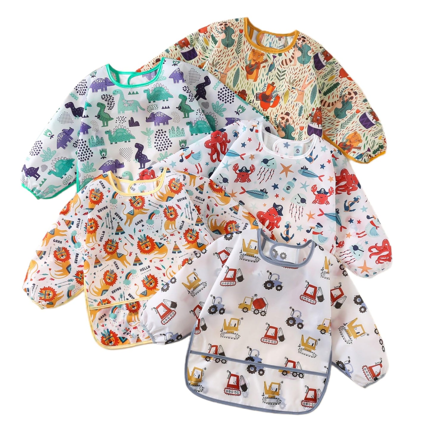 YeeLauf Sleeved Bib,5 Pack,Waterproof Shirt Bibs for Baby 3-24 Months Wipe Clean