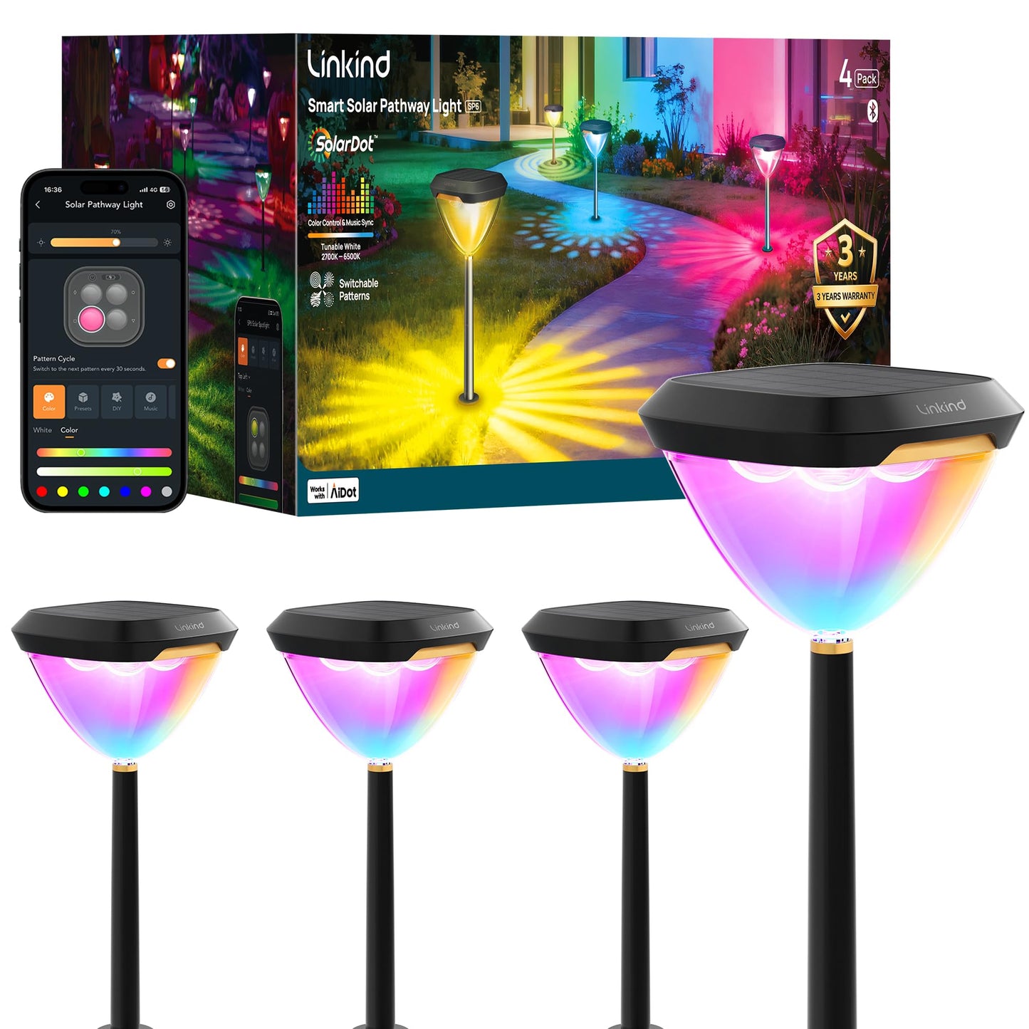 Linkind Smart Solar Pathway Lights SP6, App/Voice Control Solar Lights Outdoor Waterproof, 43+ Preset Scenes, Cool/Warm White/Color-Changing Outdoor Garden Lights for Yard, Patio, 4 Pack
