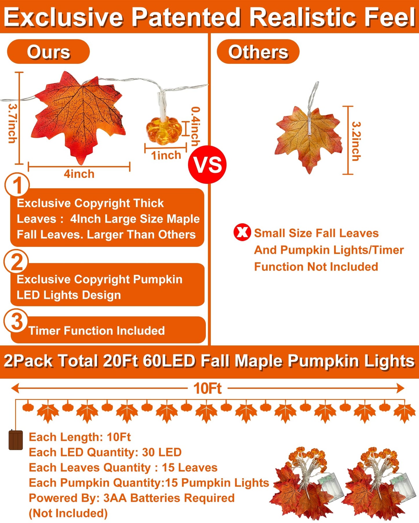 2 Pack & Timer - Fall Garland with Pumpkin Lights Fall Decorations for Home Total 60LED 20Ft Enlarged Maples Leaves Fall Lights Battery Operated Halloween Thanksgiving Christmas Decor Wedding Party