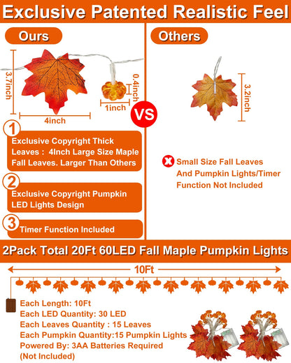 2 Pack & Timer - Fall Garland with Pumpkin Lights Fall Decorations for Home Total 60LED 20Ft Enlarged Maples Leaves Fall Lights Battery Operated Halloween Thanksgiving Christmas Decor Wedding Party