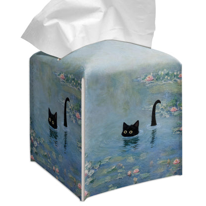 Grace Yonks Art Tissue Box Cover Square - Black Cat in Water Lilies Design 5.2" PU Leather Holder for Vanity, Desk, or Bathroom Counter - Cube Case for Facial Tissues. (123)
