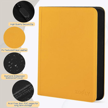 1000+ Pockets Trading Card Binder, 16 Pocket Zipper Binder Card Album, 32 Pack Double-sided Side Loading Non-Ring Card Binder, Card Holder Folders for MTG, TCG, Game Cards & Sports Cards, Yellow