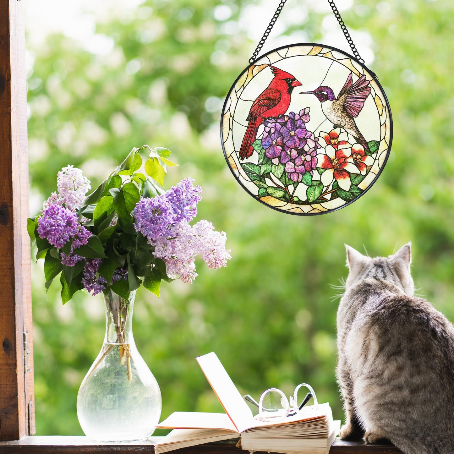 WUHSDIBC Cardinal Hummingbird Stained Glass Window Hanging Suncatcher, Flower Bird Sun Catcher Indoor Window Decor, Birds Lover Gifts Painted Glass Round Wall Hanging Decorations, 7.8x7.8 in