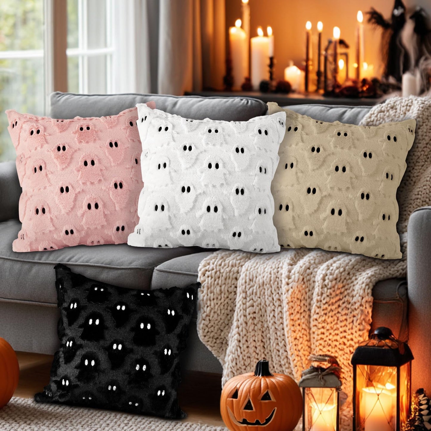 Lanpn Halloween Pillow Covers 18x18 Set of 2, Ghost Throw Pillowcases Soft Plush Faux Fur Wool Decorative Pillow Cover 18x18 Cushion Covers for Sofa Couch Chair Bed Halloween Home Decor (Black)