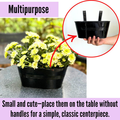 LaLaGreen Outdoor Rail Planter for Balcony (4 Pack, 9.8 Inch) Small and Cute Black Metal Iron Fence Hanging Flower Pots Deck Railings Buckets Boho Style Window Box Plant Holder Hooks Porch Decor
