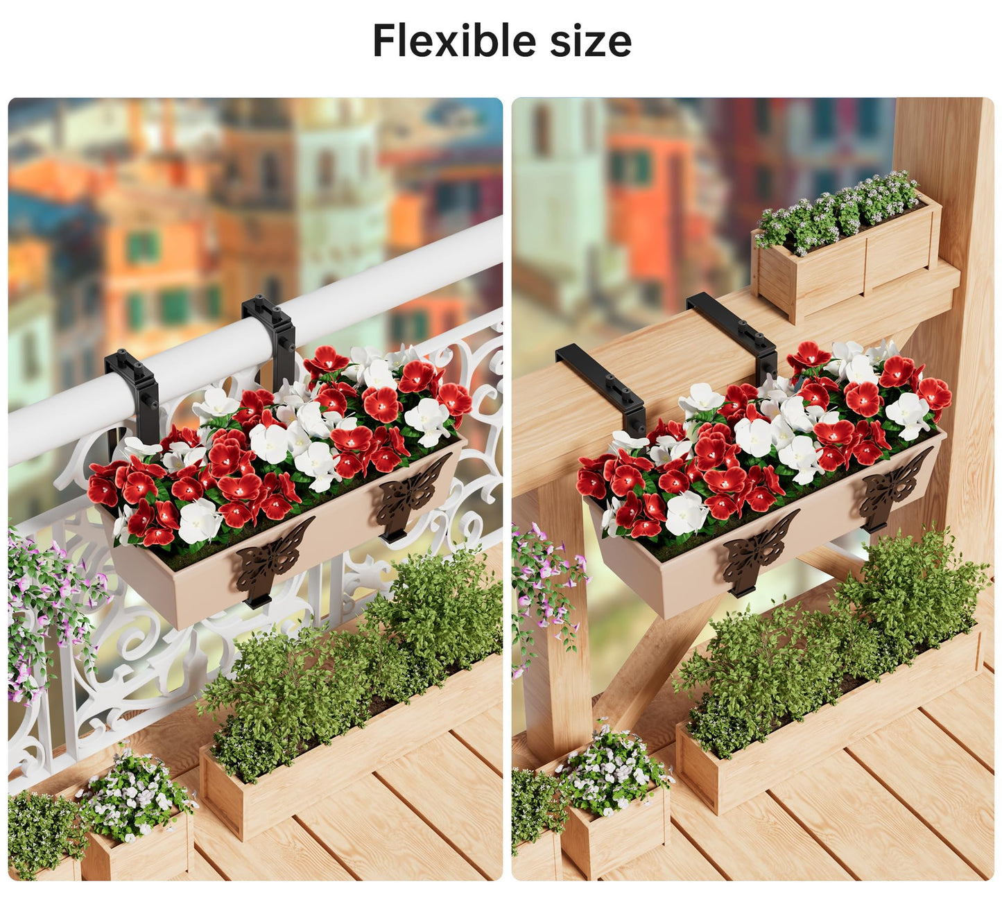 HFHOME Window Box Brackets, Adjustable Planter Box Brackets, Heavy Duty Flower Railing Planter Bracket for Balcony, with Enhanced Bottom Support, Perfect for Deck, Fence and Garden - Black (4 Pack)