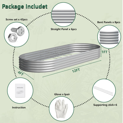 Yortrek Galvanized Raised Garden Bed Outdoor, 12x4x1ft(2Pack) Metal Heavy Duty Planter Boxes for Gardening, Easy Assemble Bottomless Small Oval Plant Container Kit for Vegetable, Flower, Fruit, Silver