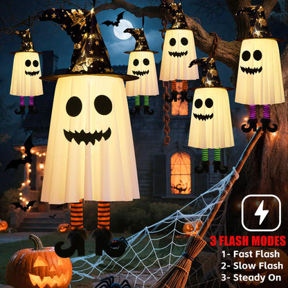 3 Packs Halloween Decorations Outdoor, Hanging Ghosts String Lights Halloween Decor, Spooky Cute Glowing Ghost Witch Hat Lights 3 Modes for Patio Yard Front Porch Tree House Party(18 Batteries)
