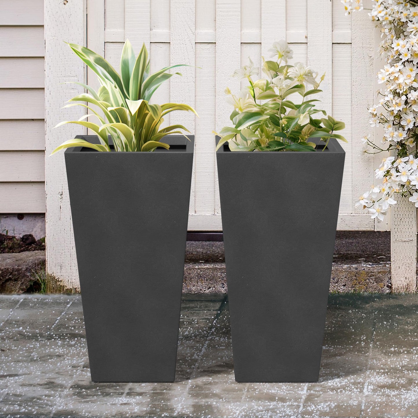 Kante 24.4 Inch Tall Tapered Concrete Planter (Set of 2), Modern Style Large Plant Pot with Drainage Hole and Rubber Plug for Patio, Porch, Black