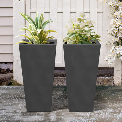 Kante 24.4 Inch Tall Tapered Concrete Planter (Set of 2), Modern Style Large Plant Pot with Drainage Hole and Rubber Plug for Patio, Porch, Black