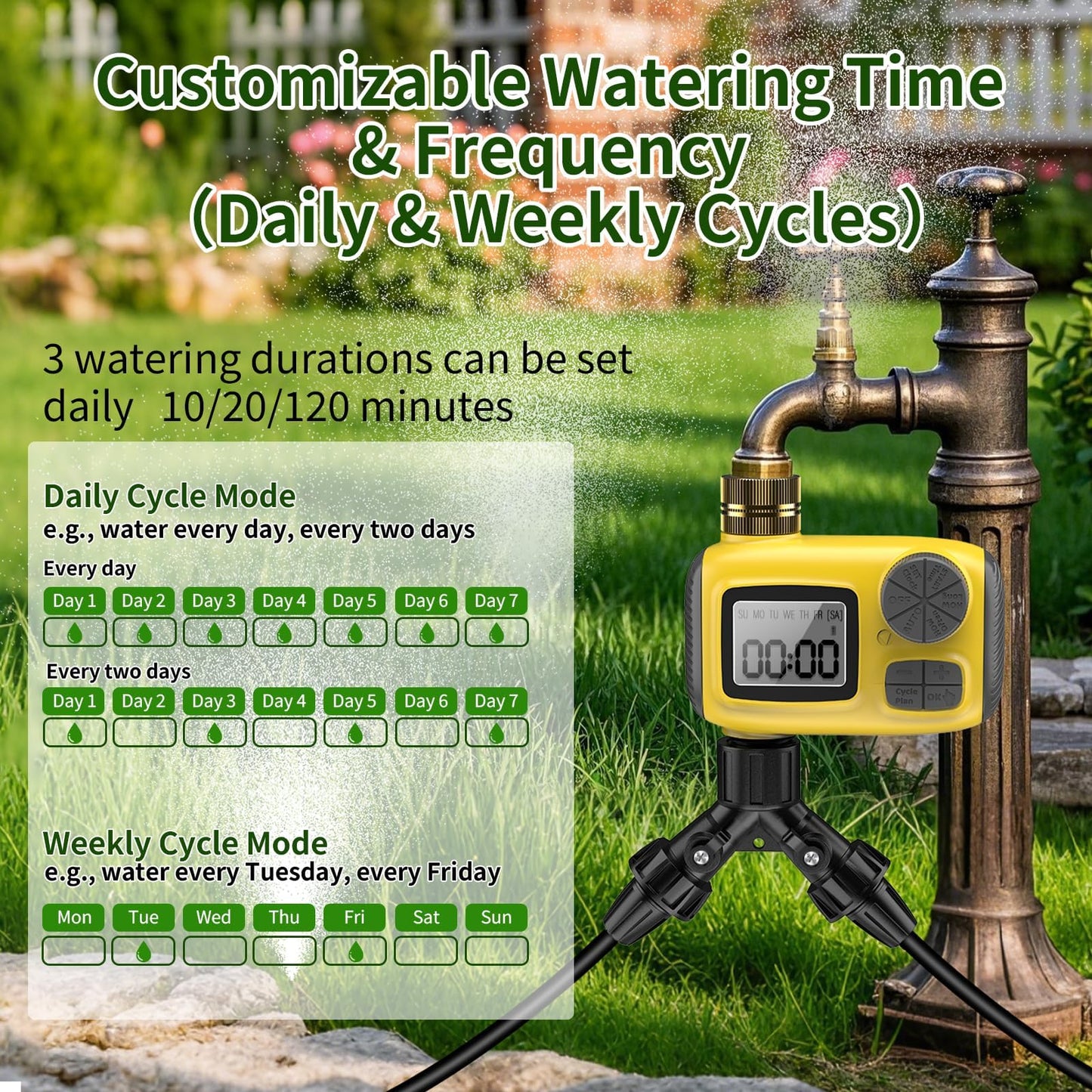 165FT Drip Irrigation System with Timer, Automatic DIY Garden Watering Kit with 1/2" & 1/4" Tubing, Solid Brass Connectors & Adjustable Sprayers for Plants, Garden, Lawn, Greenhouse, Raised Beds