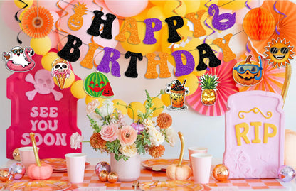 Summerween Decorations Happy Summerween Birthday Banner Hanging Swirls Honeycomb Balls Paper Fans Circle Confetti Dots Hanging Garland for Summer Halloween Birthday Party Decorations