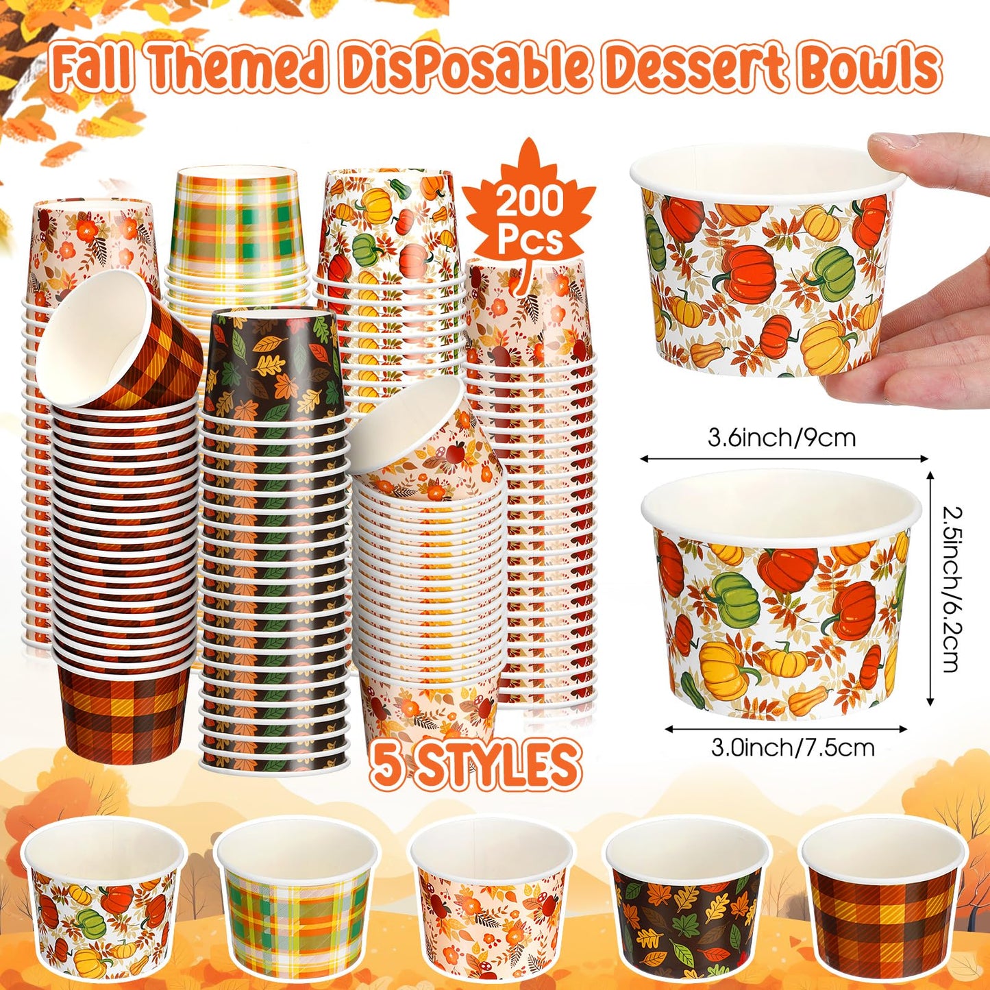 Uiifan 200 Pcs 9oz Fall Paper Bowls Thanksgiving Disposable Bowls Autumn Leaves Pumpkin Bowls Holiday Dessert Salad Snack Soup Cups for Party Supplies Hot or Cold Food