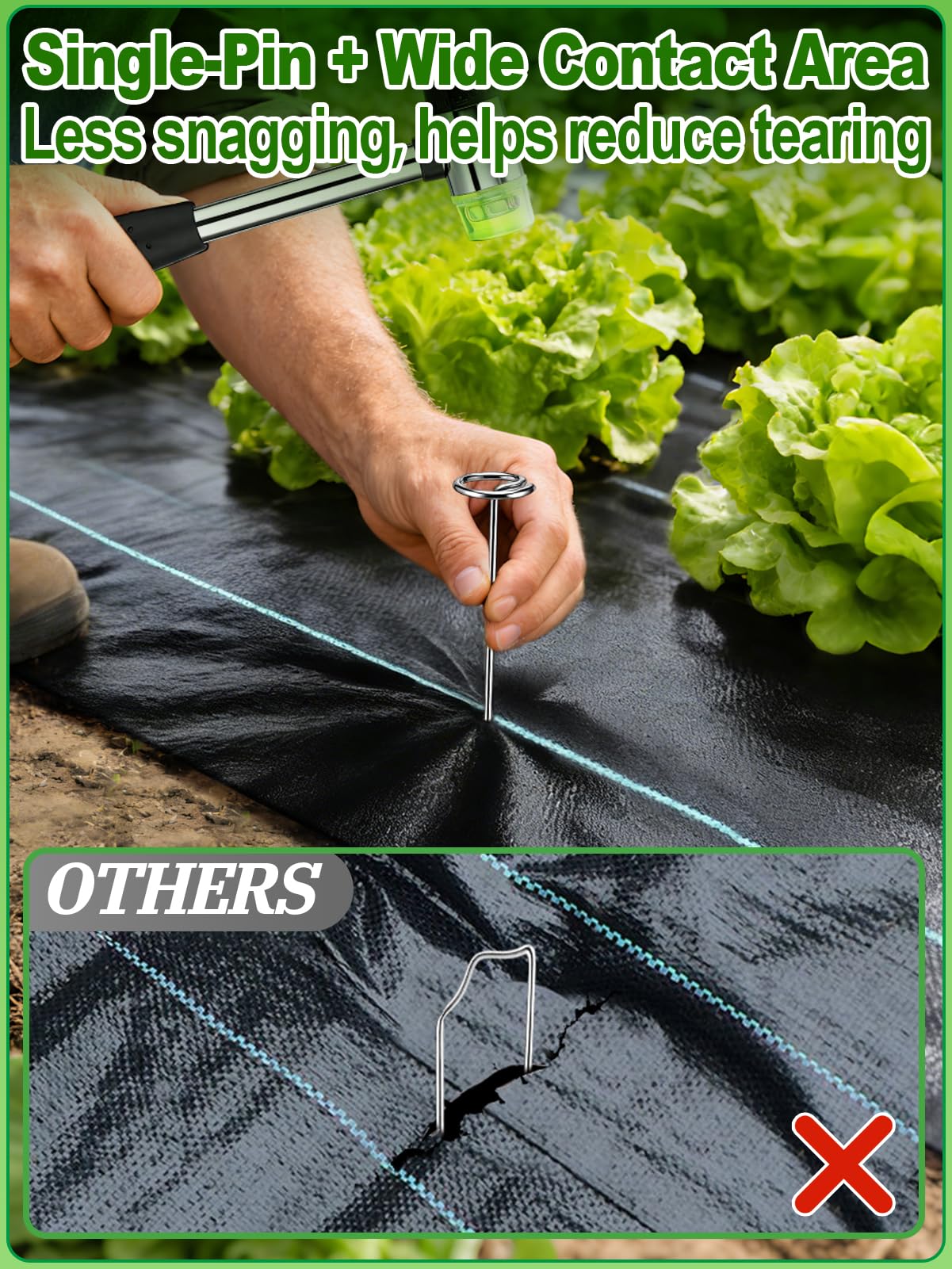 6 Inch Landscape Staples with Hook & Hammer - 120pcs Circle Top Weed Barrier Stakes Kit, 9 Gauge Galvanized Rust-Resistant Garden Fabric Pins, for SOD, Garden Edging, Install & Remove Tools Included
