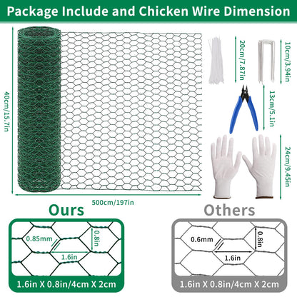 Jcmbreltik Chicken Wire Fencing, Plant Protectors from Animals DIY Kit with Accessories, 15.7x197 Inch Flexible Floral Chicken Wire for Garden & Floral Arrangements