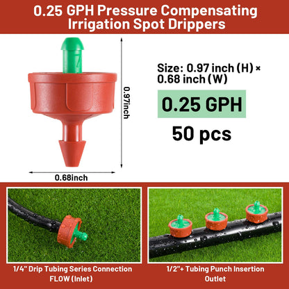 50 PCS 0.25 GPH Pressure Compensating Drip Irrigation Spot Watering Drippers/Emitters, Anti-Clog Self-Cleaning Drip Irrigation Emitters Heads Irrigation Drippers Parts for Seedlings, Mini Gardens