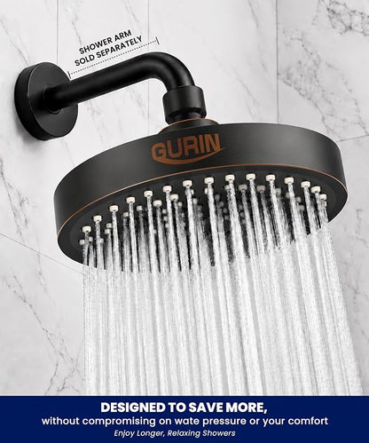 GURIN Shower Head - Powerful High Pressure Rain Shower Head 6 Inch - Luxury Rainfall Showerhead with Adjustable Angles, 90 Anti-Clog Nozzles, Tool-Free 1-Min Install, Premium Oil Rubbed Black Finish