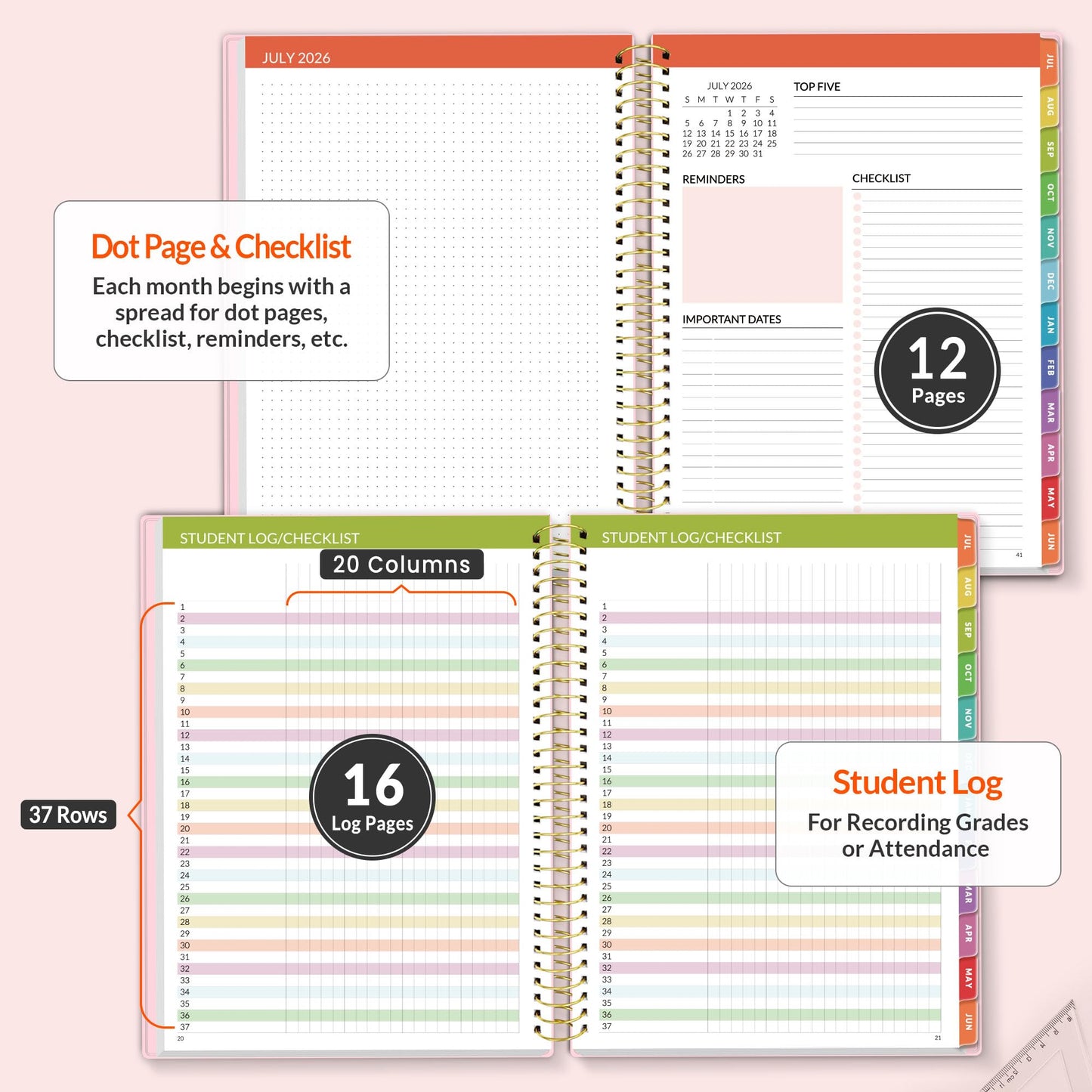 SUNEE Deluxe Teacher Planner 2026-2027, Lesson Planner Book with 7 Periods Jul 2026 - Jun 2027, 8.5" x 11" Daily Weekly and Monthly Organizers with Colorful Tabs, Planning Stickers,120gms Paper, Pink