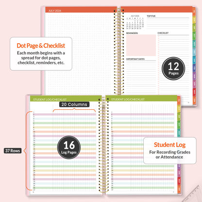 SUNEE Deluxe Teacher Planner 2026-2027, Lesson Planner Book with 7 Periods Jul 2026 - Jun 2027, 8.5" x 11" Daily Weekly and Monthly Organizers with Colorful Tabs, Planning Stickers,120gms Paper, Pink