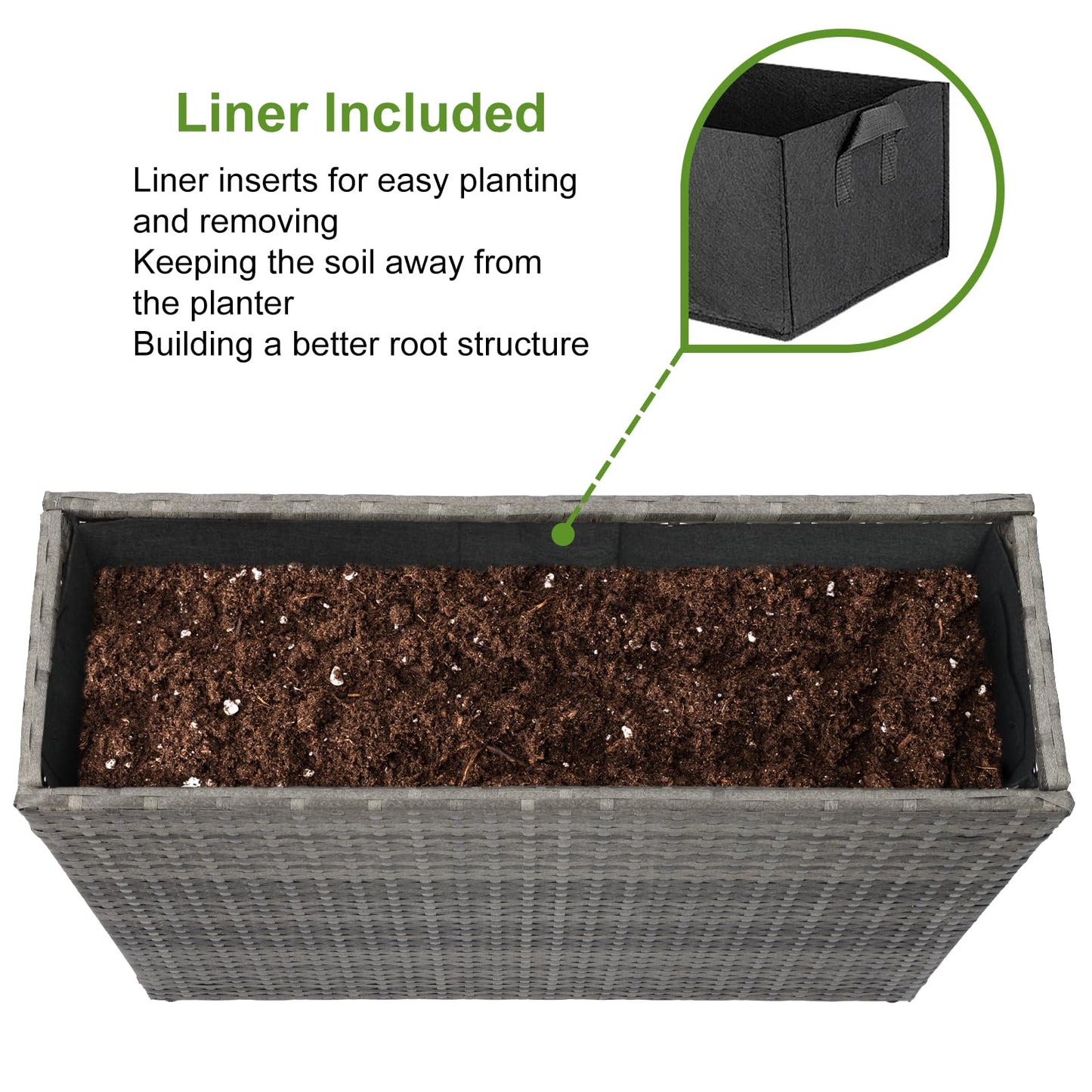 LEWIS&WAYNE Large Rectangular Block Planter Box Handmade Wicker Tall Planters for Outdoor Plants with Removable Liners Modern Planter for Indoor Outdoor Patio Deck - Gray, 32''x11''x24''