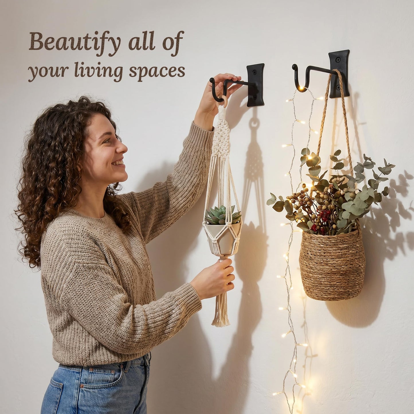 Hooks for Hanging Plants (2 Pack) Perfect for Hanging Planters for Indoor Plants or Outdoor Plants - Non Rusting Wall Hooks for Hanging Plants, Baskets, Lanterns, Feeders (7.5 inches, Black)