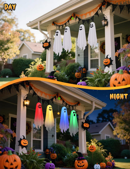 Lightshyer Halloween Decorations Outdoor Indoor 4 Pack Hanging Ghosts Halloween Haunted House Light Up Kit Decor for Tree House Yard Porch Window Bedroom Party