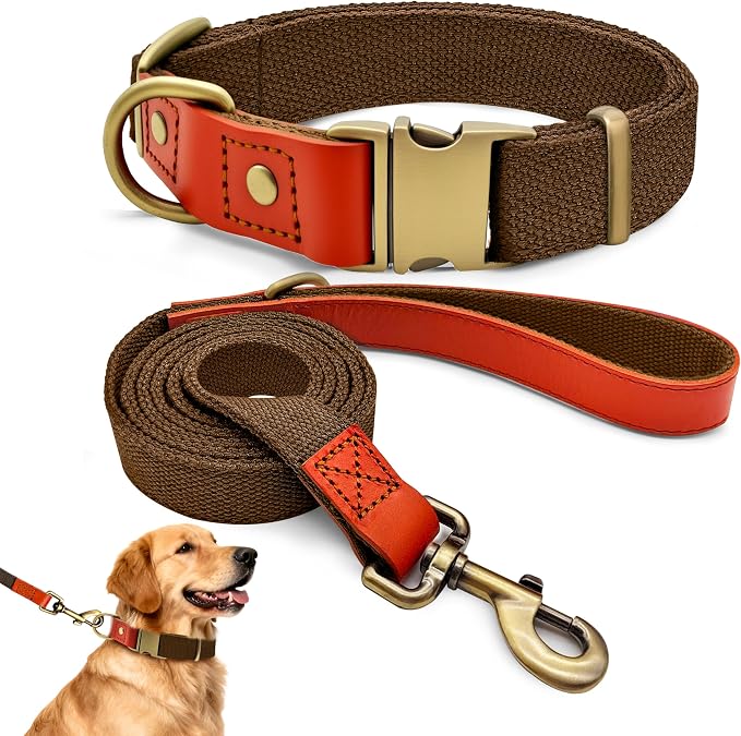 Dog Collar and Leash Set with Metal Quick Release Buckle, Adjustable, Breathable Nylon, Durable, Soft and Comfortable, No Pull for Walking and Training, Brown, XL (16.9"-26")