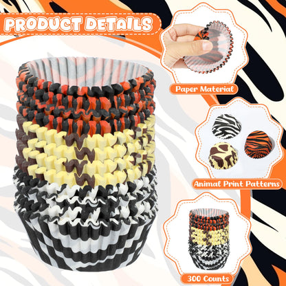 Glavatrix 300PCS Animal Print Cupcake Liners Zebra Tiger Cow Print Standard Size Muffin Cupcake Wrapper Paper Baking Cups for Zoo Safari Baby Shower Jungle Animal Theme Birthday Party Candy Cake Decor