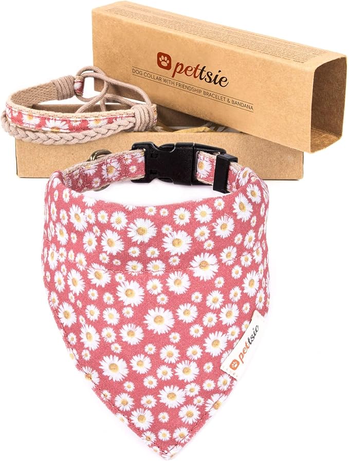 Pettsie Hemp Dog Bandana Collar & Matching Owner Friendship Bracelet | Adjustable, Durable Hemp, Soft & Comfortable, Secure D-Ring, Matching Friendship Bracelet, Pink