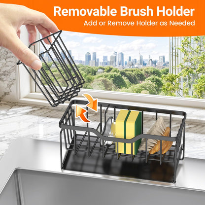 StorageRight Kitchen Sink Caddy Organizer, Rustproof Sponge Holder for Kitchen Sink, Instant Dry High Brush Holders with Drain Tray, Anti-Slip Storage Organization Essentials, Black