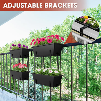FANSXIVITA Rectangle Planters Box, 4 Pack Deck Hanging Planters for Railings, Window Box Planter with Drainage Holes & Trays, 16.9 Inch Balcony Planters Railing Hanging with Metal Brackets, Black