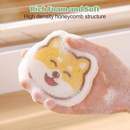 JOYMOOP Cartoon Kitchen Sponge, Cellulose Sponges for Cleaning, 4 Pack Non-Scratch Sponges for Washing Dishes, Reusable Sponge for Kitchen, Bathroom and Office - Doggy Pattern