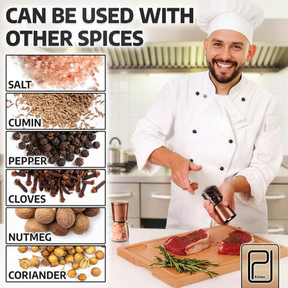 Premium Salt and Pepper Grinder Set w/Bamboo Holder - 6 oz, Copper Stainless Steel - S&P Spice Shakers - Refillable & Adjustable Coarseness Hand Mill for Spices & Seasonings - by PJC-Kitchen