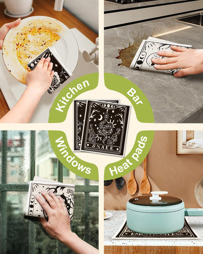 Miss Adola 8 Pack Reusable Kitchen Dishcloths - Absorbent, Fast Drying, Washable Swedish Towels with Cute Black Skull Design
