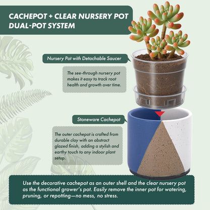 D'vine Dev 3.5" Stoneware Cachepot Planter with 3" Clear Nursery Pot & Detachable Saucer – Indoor Plant Pot with Drainage for Bottom Watering & Root Visibility, Cobalt Canyon, Set of 2, 93-V-A-3