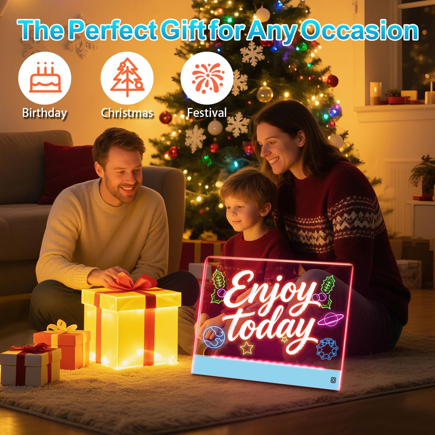 Rechargeable LED Drawing Board for Kids, 16" Light Up Acrylic Dry Erase Board, Lumi Board LED Note Board with Invisible Stand Glow Doodle Board Birthday Gifts for Kids Black