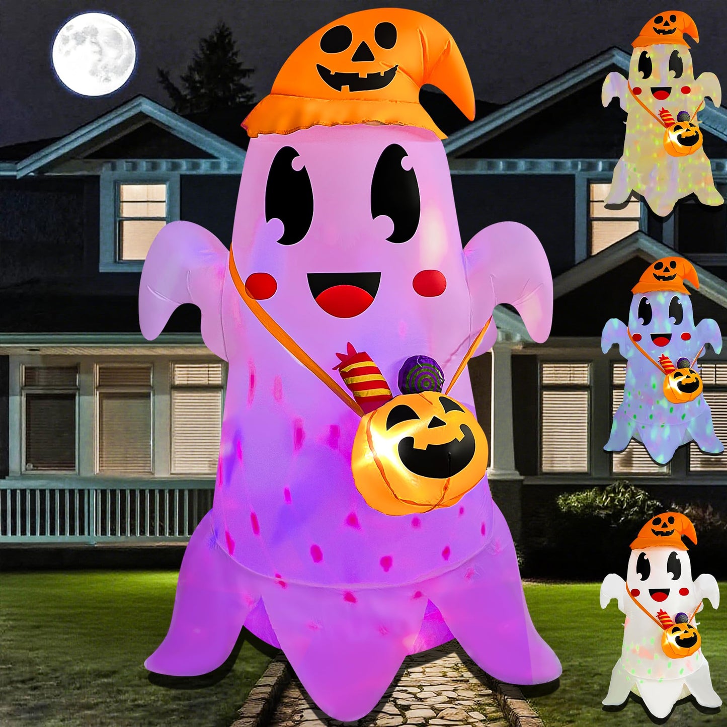 JOYEASE 5FT Halloween Inflatable Cute Ghost with Witch Hat Carrying Pumpkin Candy Can, Blow Up Spooky Ghost Decor Build-in LED Light for Holiday Yard Lawn Garden Decorations
