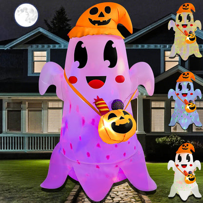 JOYEASE 5FT Halloween Inflatable Cute Ghost with Witch Hat Carrying Pumpkin Candy Can, Blow Up Spooky Ghost Decor Build-in LED Light for Holiday Yard Lawn Garden Decorations