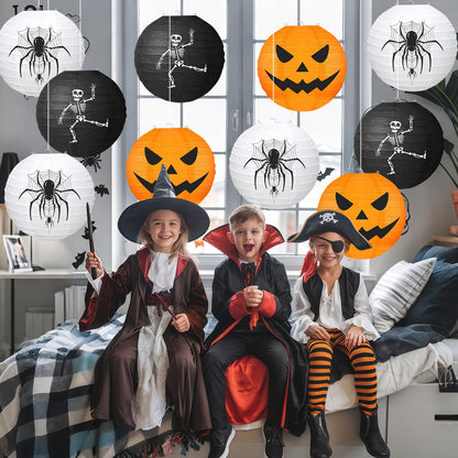 KAXIXI Halloween Party Decorations - 10pcs Halloween Spooky Spider Skeleton Pumpkin Printed Hanging Paper Lanterns for Halloween Decorations Birthday Yard Garden Decor Outdoor Indoor