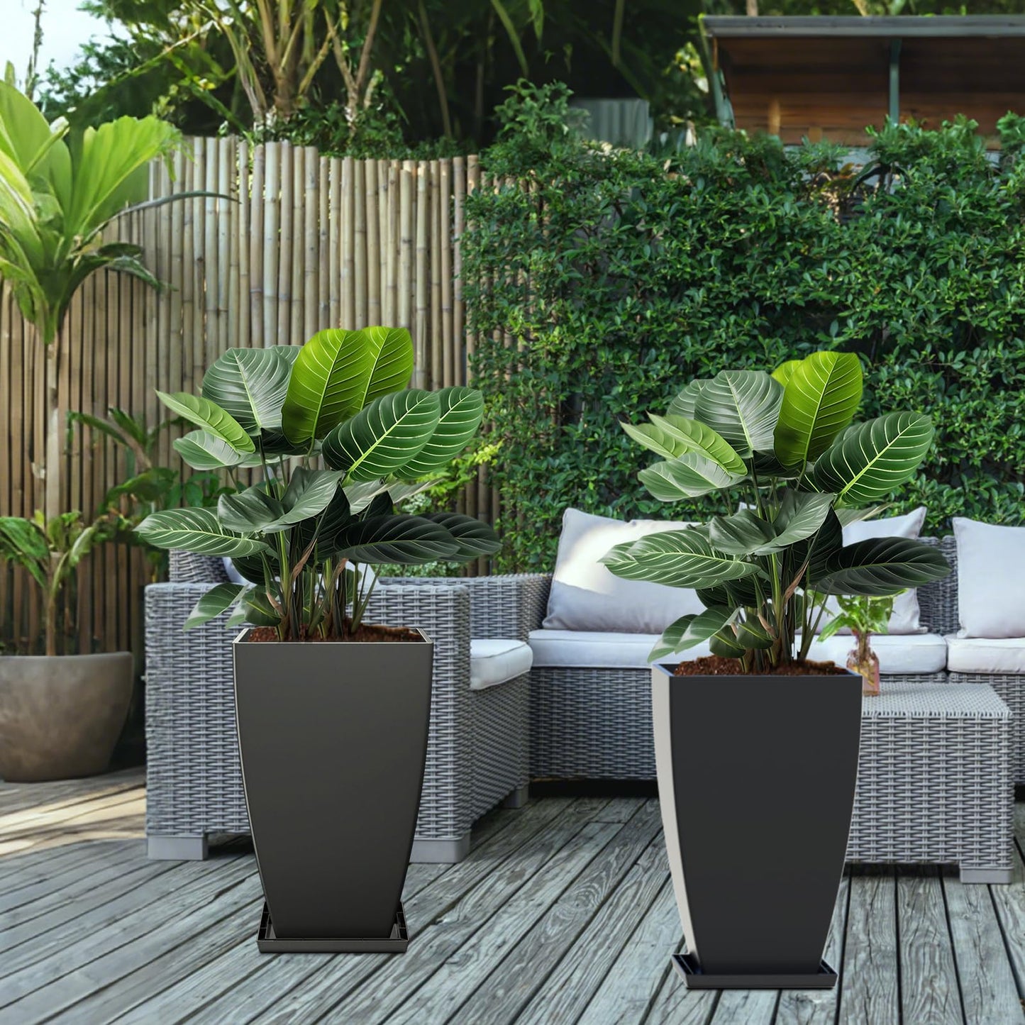 FIASON 21" Tall Outdoor Planters Set of 2,Front Porch Planter Pots with Drainage Design Holes for Patio, Porch, Garden, Indoor,Black
