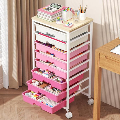 Goovilla Rolling Cart with Drawers, Utility Cart Organizer With 8 Removable Drawers and Wooden Tabletop, Lockable Rolling Storage Organizer for Art, Classroom, Home, Dorm, Office, Craft Storage, Pink