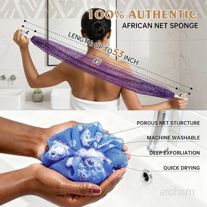 ARCH&M African Net Sponge Authentic, Shower Back Scrubber, Black, 2 Pack | 53" Extra-Long, Quick-Dry, Exfoliating Shower Loofah, Soft Mesh for All Skin Types, For Women and Men