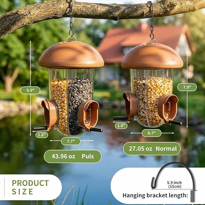 LONA Bird Feeders for Outdoors Hanging – 3 Separate Compartments, 3 Feeding Ports, Weatherproof Dome & 3 Ways to Hang, Large Capacity for Cardinals/Finches (Brown，Plus