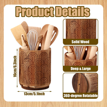 Acellegic Acacia Wood Utensil Holder for Kitchen Counter, 360° Rotating 6.3" Wooden Spoon Spatula Organizer Rustic Cooking Utensil Crock Arch Design for Kitchen Countertop Farmhouse Decoration
