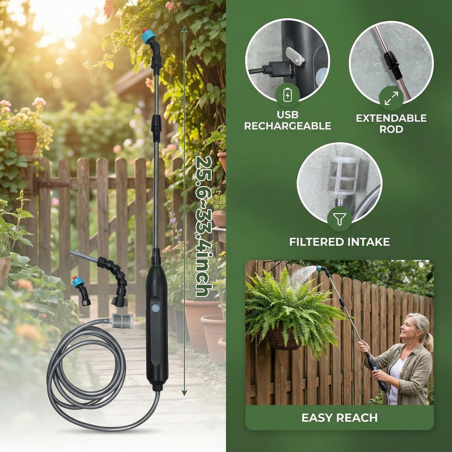 Rechargeable Cordless High Reach Plant Waterer - with Telescopic Wand Plant (25.6–33.4 in), Watering Can Hanging Plants Baskets, 2 Adjustable Nozzles and 8.6ft Water, Hose for Yard Lawn Weeds Plants