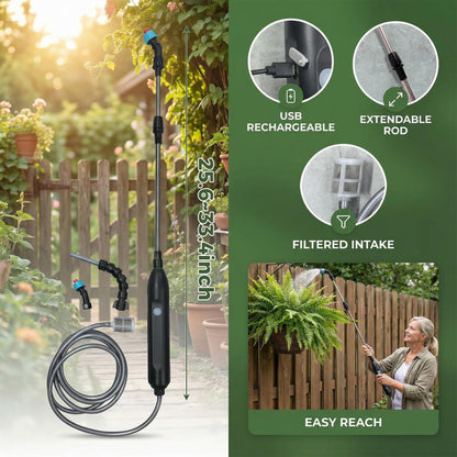 Rechargeable Cordless High Reach Plant Waterer - with Telescopic Wand Plant (25.6–33.4 in), Watering Can Hanging Plants Baskets, 2 Adjustable Nozzles and 8.6ft Water, Hose for Yard Lawn Weeds Plants