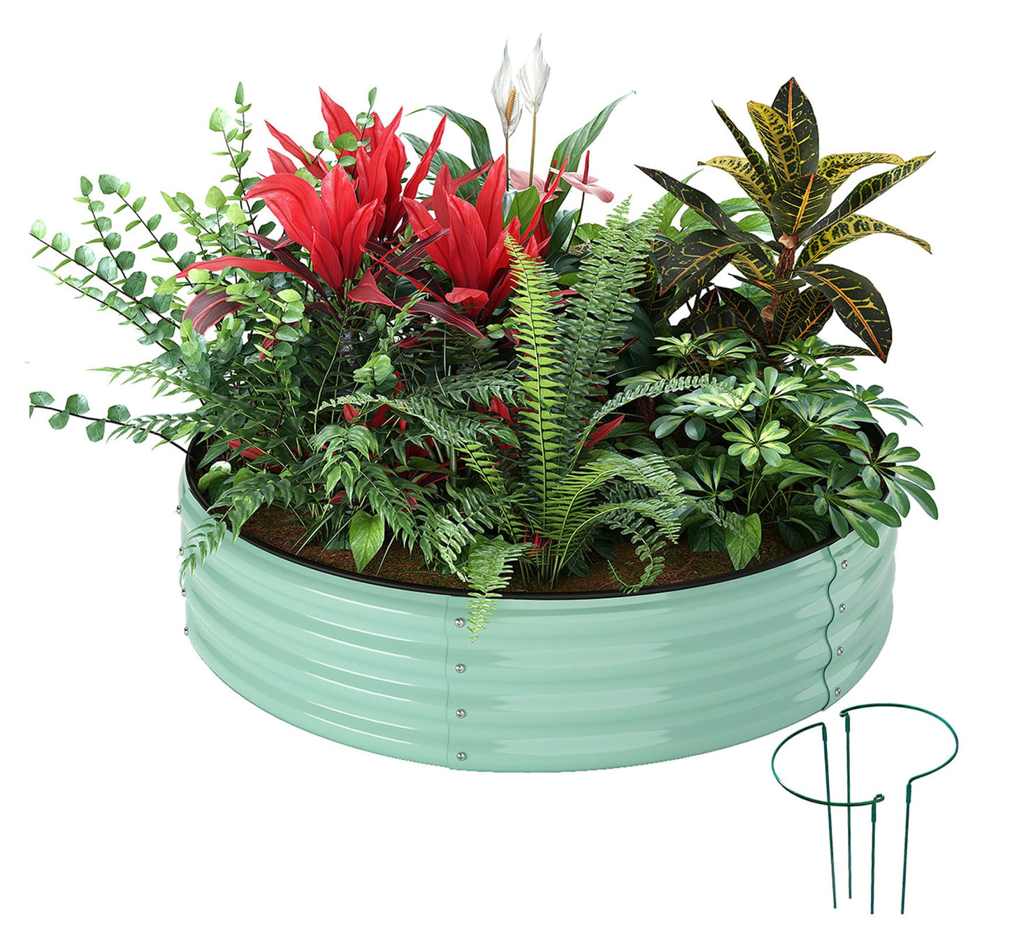 ZFHgarden Galvanized Metal Planter Round Raised Garden Bed Kit for Gardening Outdoor，2x2x1ft Grow Garden Box Raised Flower Bed，Round Galvanized Planter Outdoor Metal Fire Pit Ring Green