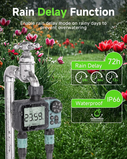 Sprinkler Timer 2 Zone & Digital Water Timer for Garden Hose, Yard, Lawn, Pool – Programmable Irrigation Controller with Rain Delay, IP66 Waterproof Auto & Manual Irrigation System