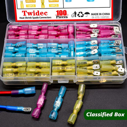 Twidec/100PCS Heat Shrink Spade Connectors Kit 22-10 AWG Female and Male Spade Terminlas Quick Disconnect Connectors Fully Insulated Electrical Wire Crimp Connector for Automotive Marine N-070-100PCS