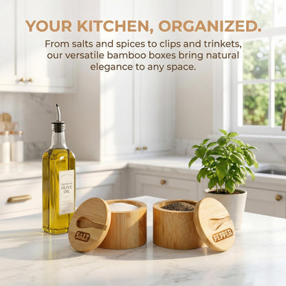 Lawei 2 Pack Bamboo Salt and Pepper Bowls, Round Salt Container with Magnetic Swivel Lids and Spoons, Bamboo Salt Cellars, Seasoning Storage Holder Box for Salt, Pepper, Sugar, Spice